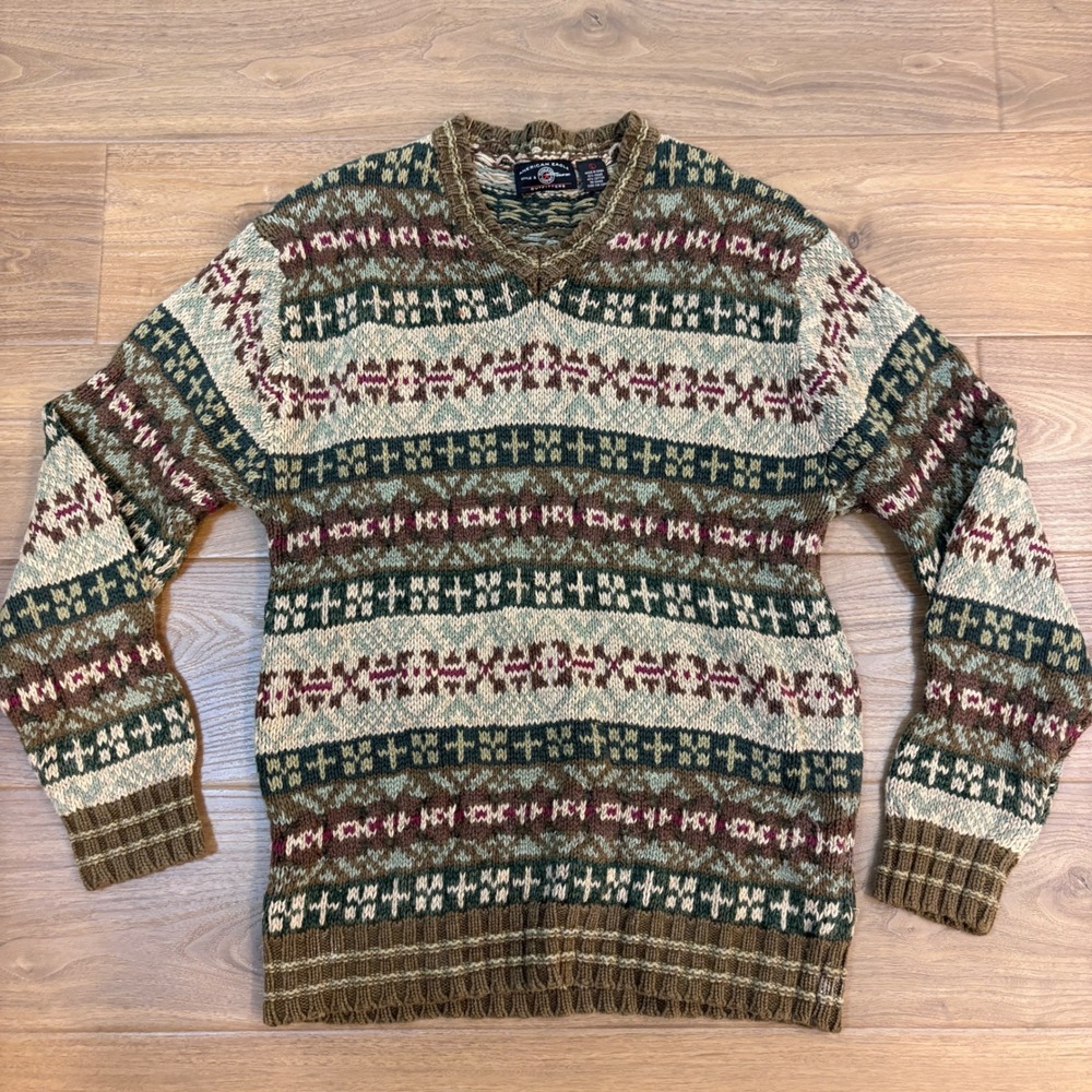 American Eagle Sweater Mens L Green Vintage 90s Fair Isle Knit V-Neck Grunge